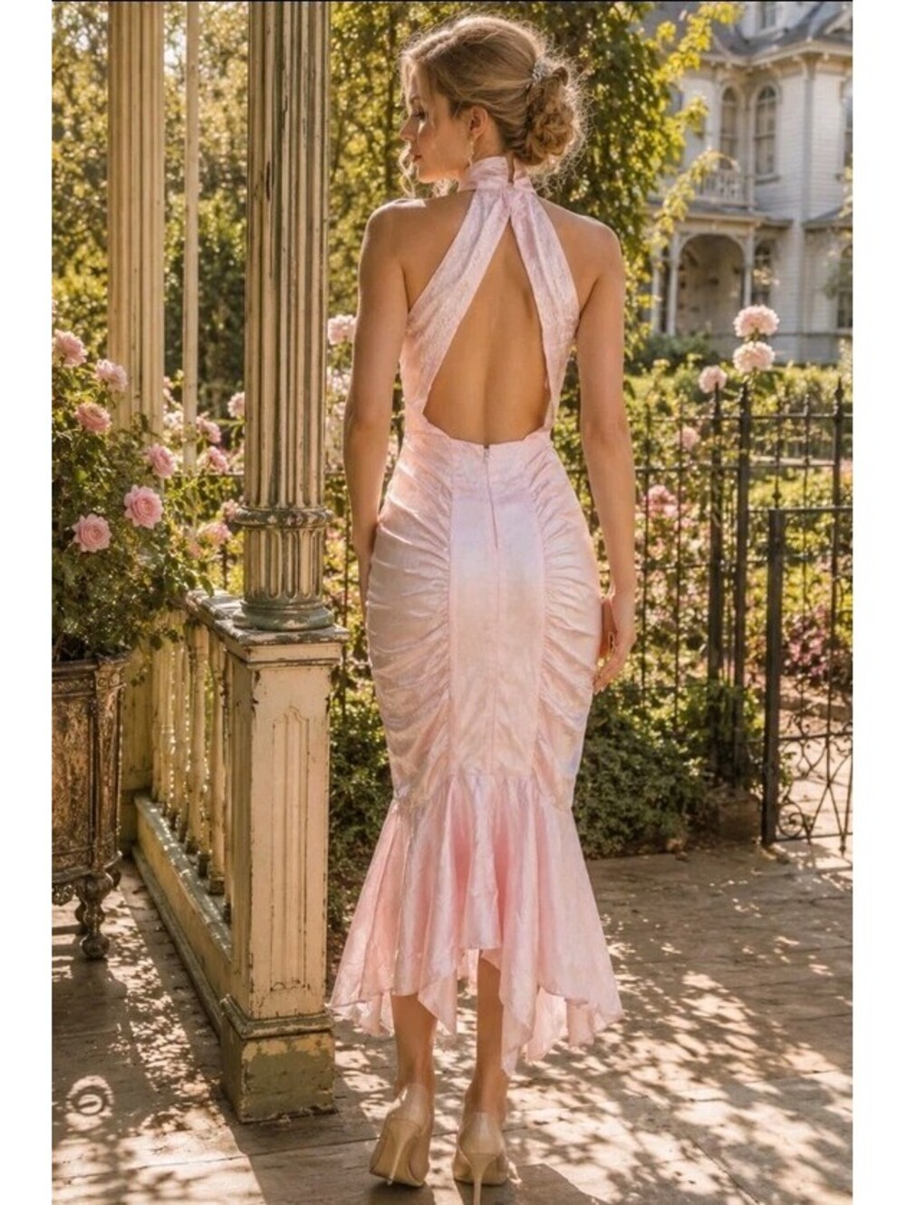 DIAMOND'S RUNS Vtg Ruched Ruffle Satin/lace 9-10 Dress Victorian Pink #04 - Picture 12 of 15